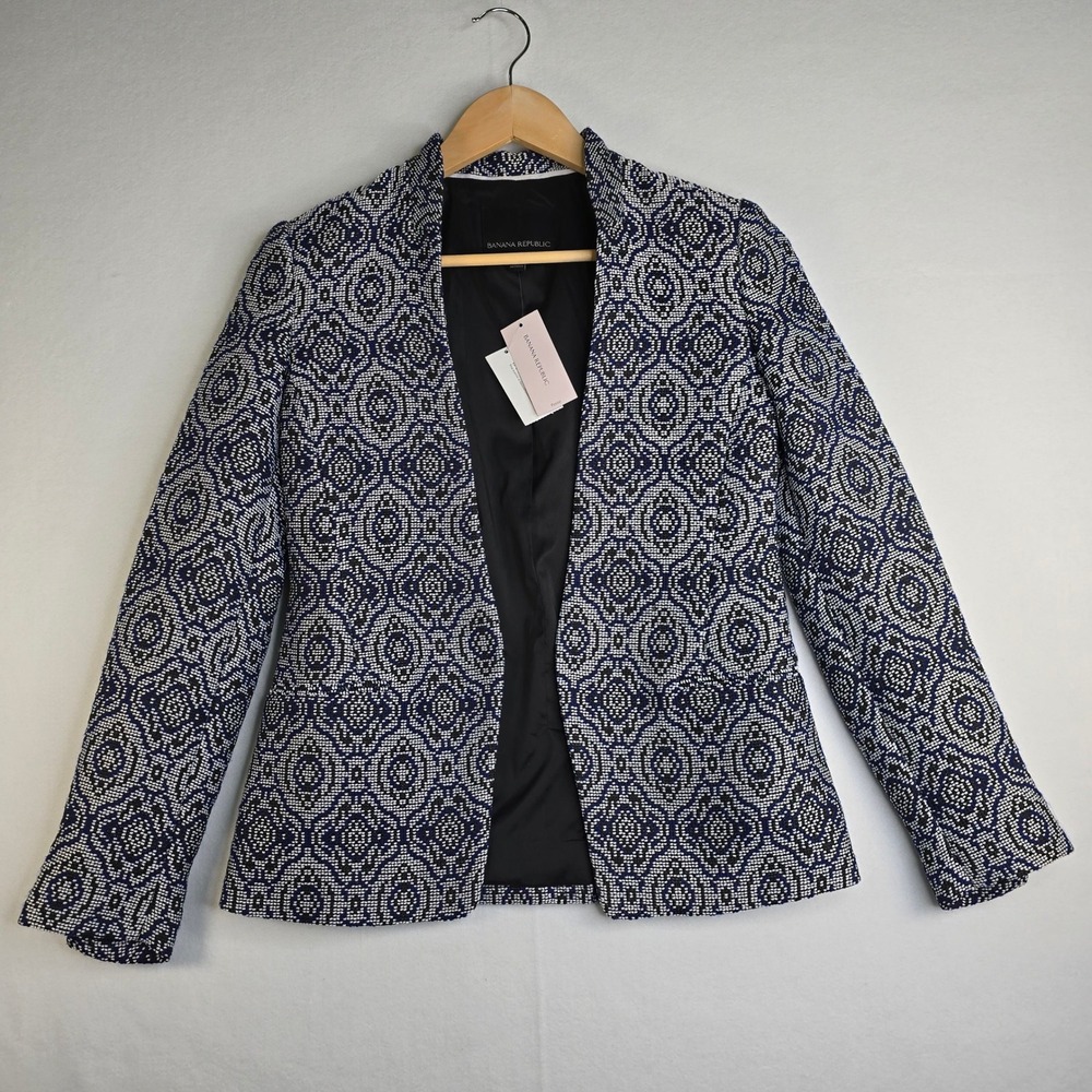 Banana Republic Petite 00 Geometric Jacquard Open Front Blazer Blue Black White
